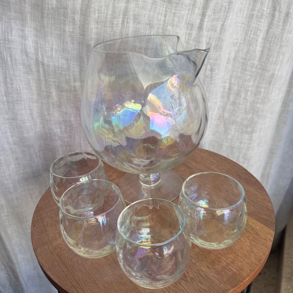 VTG West Virginia Glass Company Luster Loop Optic Iridescent Pitcher Set Glasses